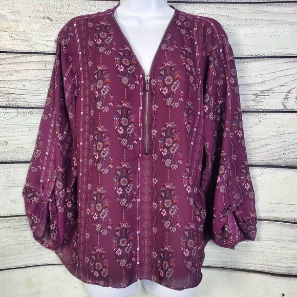 Maurices Plum Floral Zip Front Blouse XXL Balloon Sleeve Boho Top - Picture 1 of 5